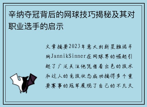 辛纳夺冠背后的网球技巧揭秘及其对职业选手的启示