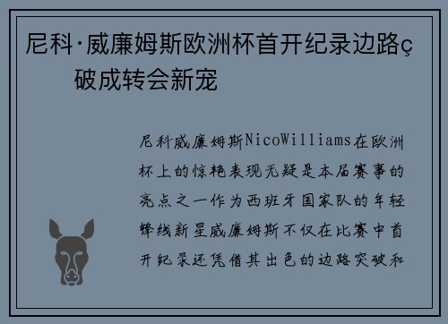 尼科·威廉姆斯欧洲杯首开纪录边路爆破成转会新宠 尼科·威廉姆斯欧洲杯首开纪录边路爆破成转会新宠