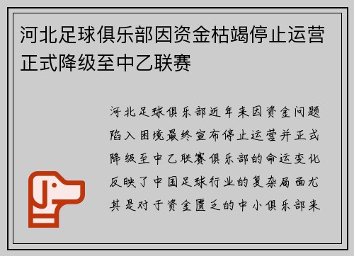 河北足球俱乐部因资金枯竭停止运营正式降级至中乙联赛 河北足球俱乐部因资金枯竭停止运营正式降级至中乙联赛